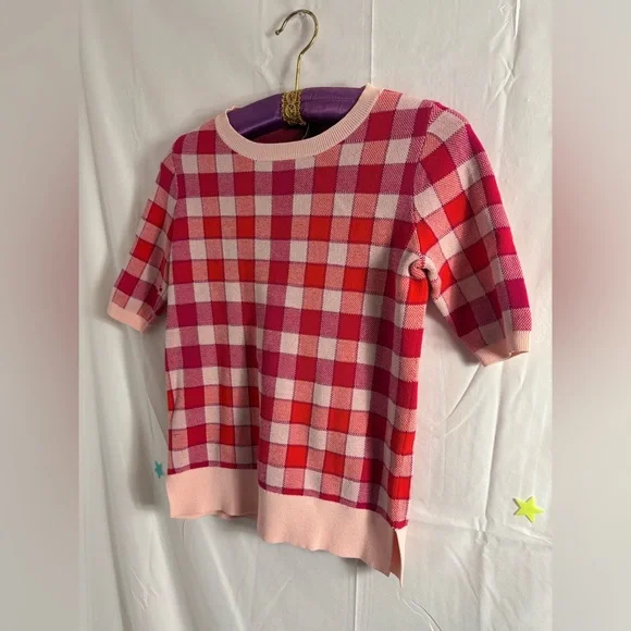 Ann Taylor Pink Red Purple Plaid Short Sleeve Sweater Top - Picture 13 of 14